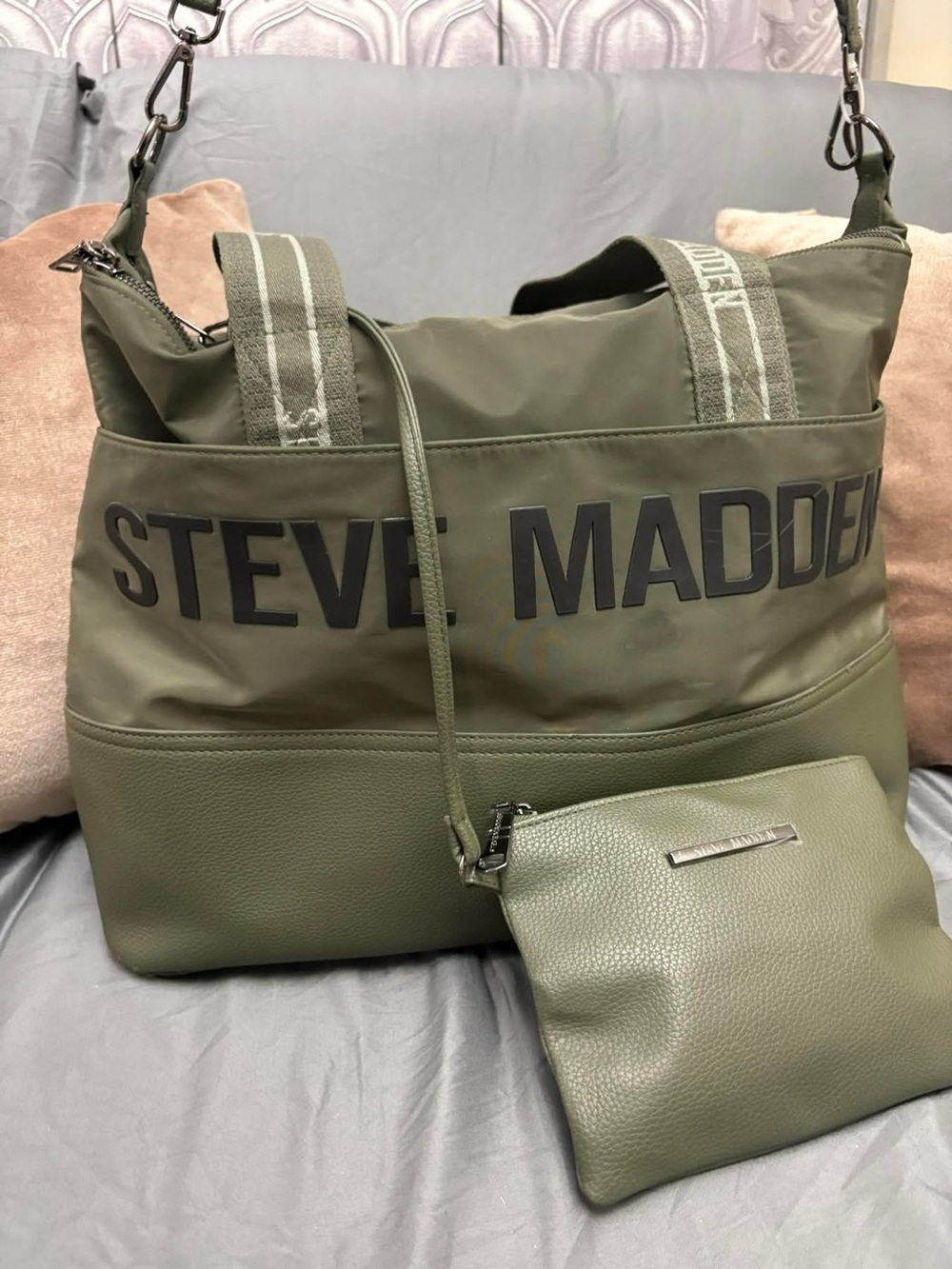 Steve Madden Olive Canvas & Leather Duffel Bag with Logo Strap